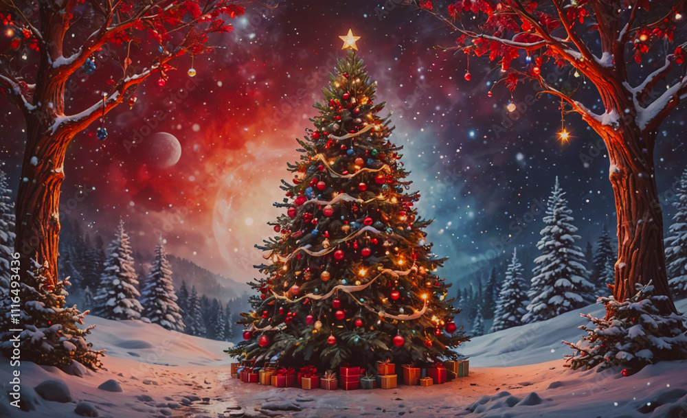 Poster large christmas tree with red and gold decorations. the tree is surrounded by snow and is in a fores