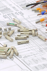 Fuses to protect the equipment. Soft focus. Close-up.