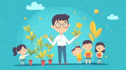 A cheerful illustration of a teacher with children and plants, promoting gardening and nature.