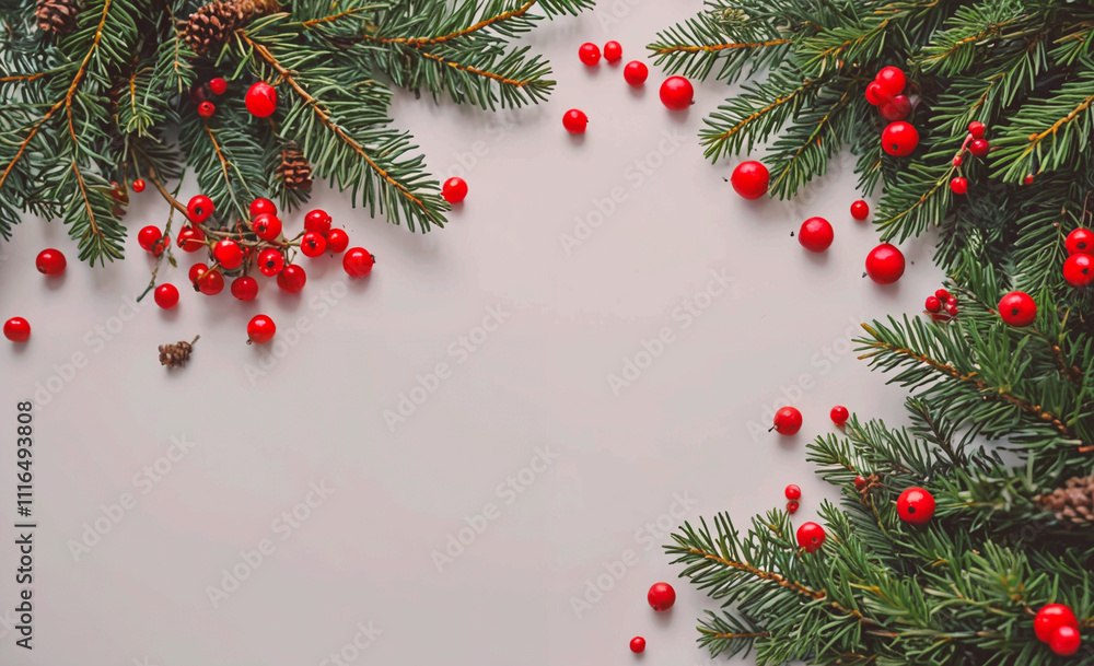 Poster white background with a beautiful arrangement of red berries and green pine needles. the berries are