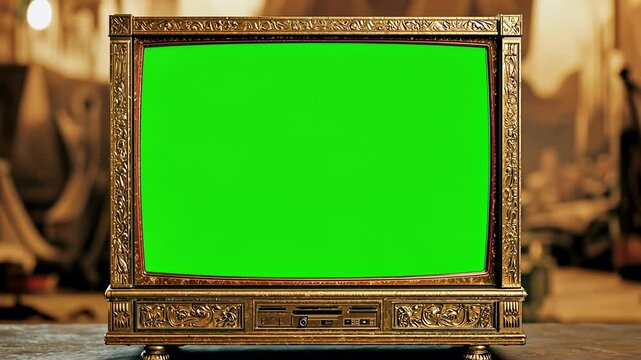 Vintage televisions displaying a vibrant green screen in ornate gold frames