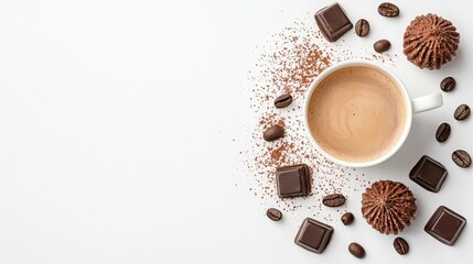Obraz premium A Cozy Arrangement of Coffee, Chocolate, and Sweet Treats on a White Background for a Warm and Inviting Stock Photo Experience