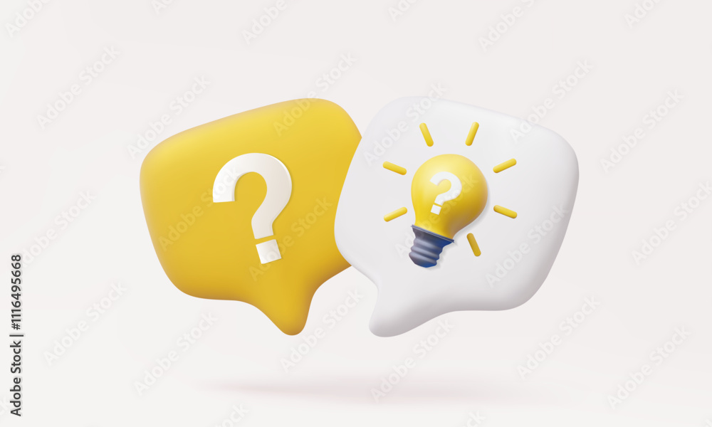 Poster 3d vector question mark with light bulb isolated on pastel background. ask faq answer brainstorming 
