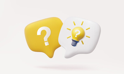3D vector question mark with light bulb isolated on pastel background. ask faq answer brainstorming solution concept. startup creativity idea new technology innovation vision illustration