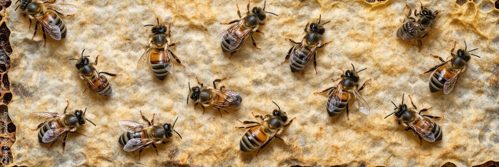 Poster honey bees on honeycomb a close-up view of busy bees working on a golden honeycomb background
