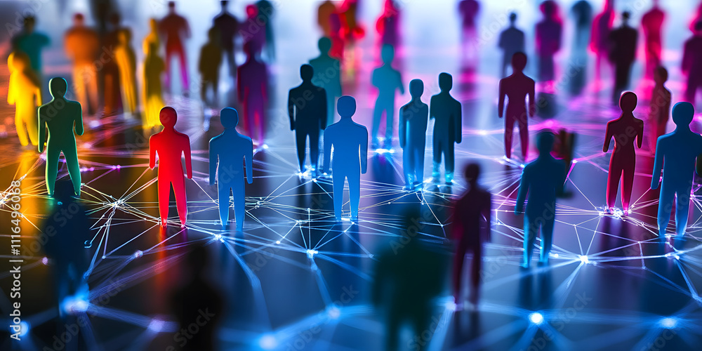 Poster colorful figures connected by lines illustrating social media networks and interactions