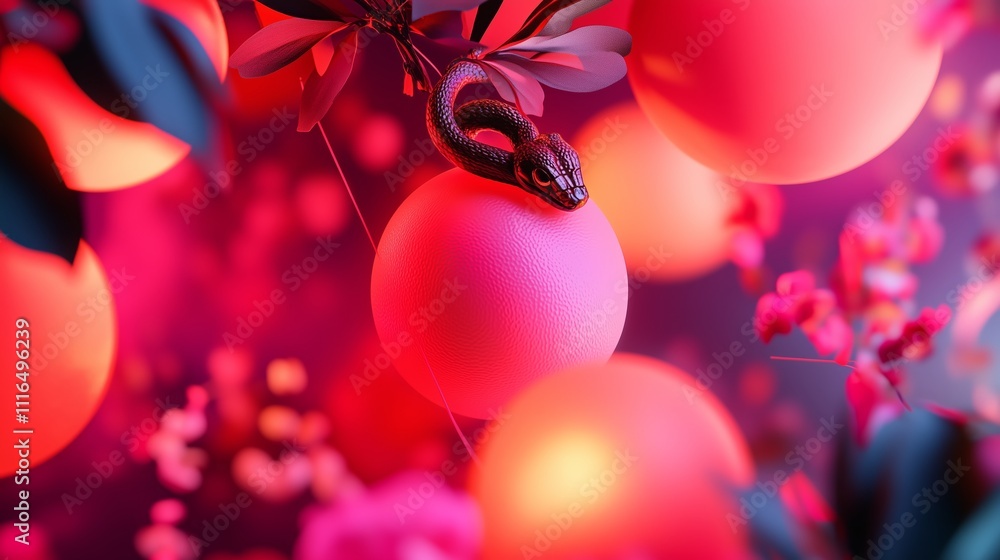 Poster brightly colored abstract scene with a snake resting on a pink sphere surrounded by flowers in a vib
