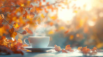 A steaming cup of coffee sits on a wooden table, surrounded by vibrant autumn leaves. Warm Autumn Coffee on a Wooden Table