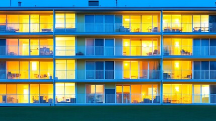 Illuminated Apartment Building with Balconies at Dusk