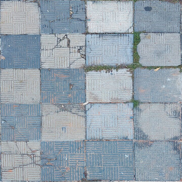 Sidewalk Tiles Texture Seamless with sprouted grass close-up