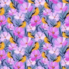 birds, flowers, floral, pattern, seamless, nature, spring, summer, colorful, vibrant, yellow, pink, purple, leaves, foliage, decorative, design, wallpaper, textile, fabric, background, illustration, a