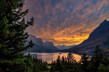 Sunset over Glacier National Park Lake
