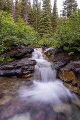 Obraz premium Serene waterfall in lush forest setting.