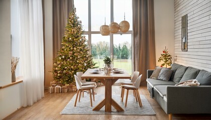 Vista al Jardín y Celebración: Salón con Árbol y Mesa Central