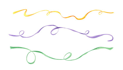 Three long swirl watercolor yellow. green, purple ribbons illustration set isolated background. Mardi gras carnival elements for decorating gifts, flower bouquets, cards, congratulations. © Masha_tolk_art