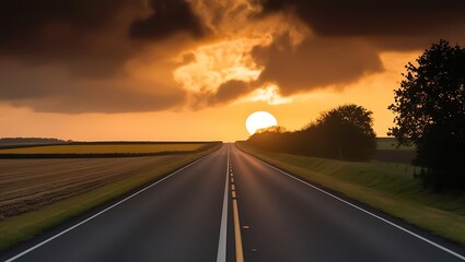 Road on sunset, Picturesque landscape scene