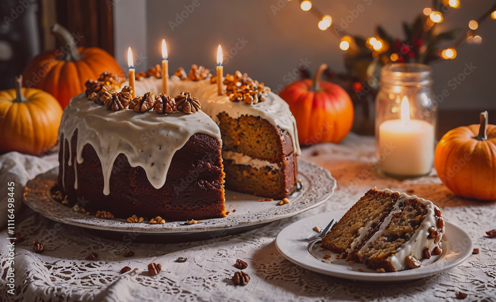 Poster slice of pumpkin cake with candles on top. a plate of cake with a fork on it