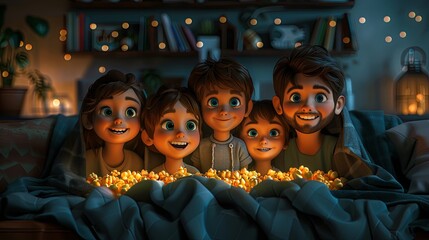 A cozy family of four enjoys a movie night in bed, illuminated by soft warm lighting, sharing a bowl of popcorn.
