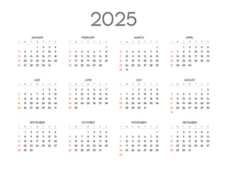Monthly calendar 2025 week start Sunday corporate design template vector, wall desk calendar in a minimalist style