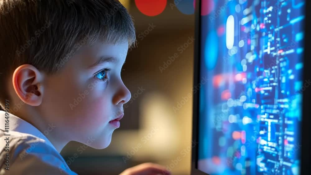 Poster curious child exploring digital world on computer screen