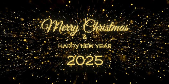 Życzenia  Merry Christmas & Happy New Year 2025 na tle czarnego tła ze złotymi lecącymi kawałkami, dającymi efekt 3 d