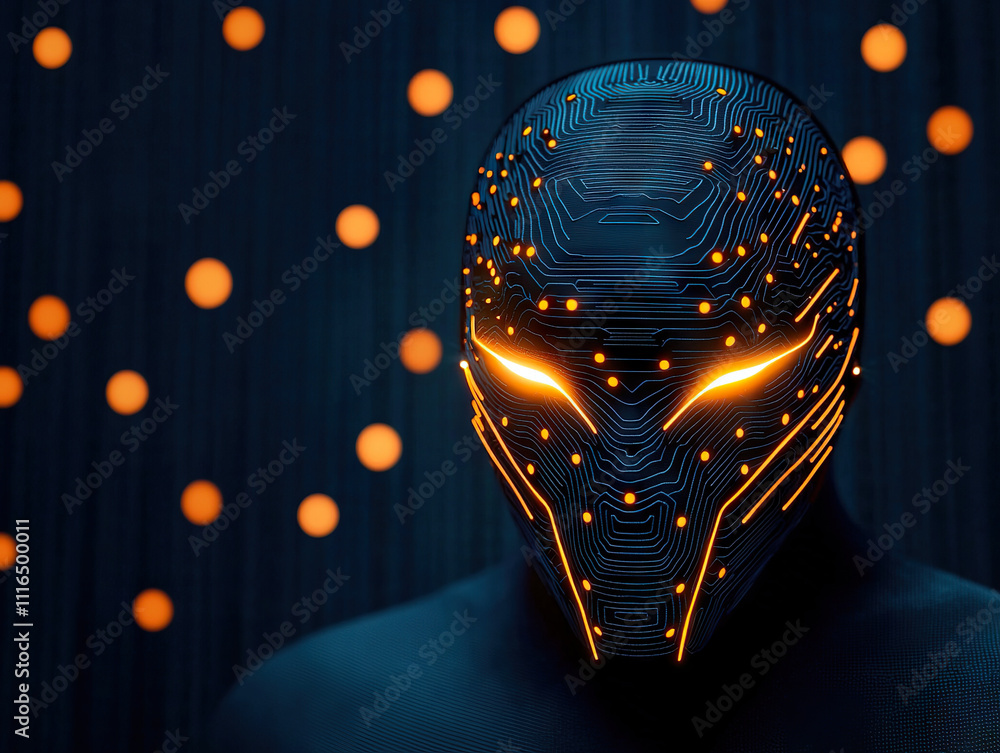 Poster glowing digital mask with intricate circuitry and illuminated eyes, symbolizing artificial intellige
