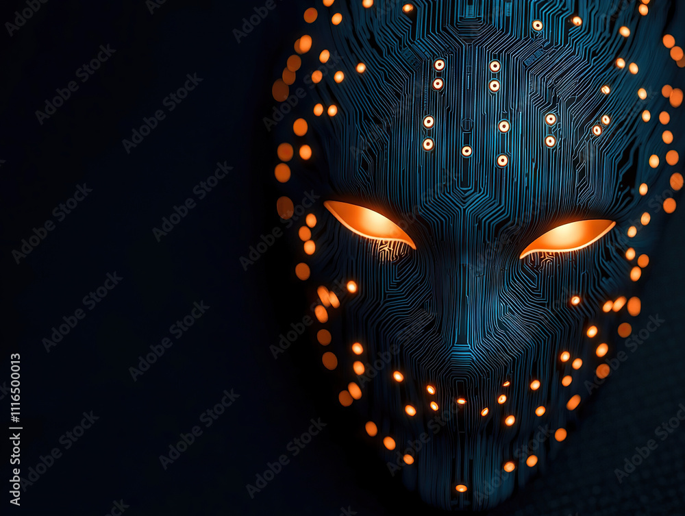 Poster glowing digital mask with integrated circuit patterns and illuminated eyes, symbolizing futuristic t