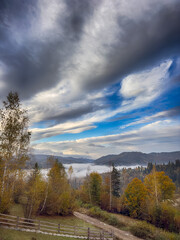 The landscape of Carpathian Mountains in the sunny weather. Perfect weather condition in the autumn season