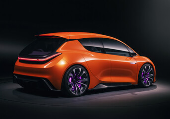 Fototapeta premium Studio shot of an orange electric car with purple lights parked on a dark floor