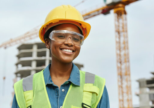 Portrait of a smiling female construction worker wearing safety glasses and hardhat at a construction site