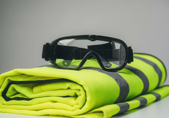 Black protective goggles placed on a folded high-visibility safety vest, emphasizing workplace safety and precaution