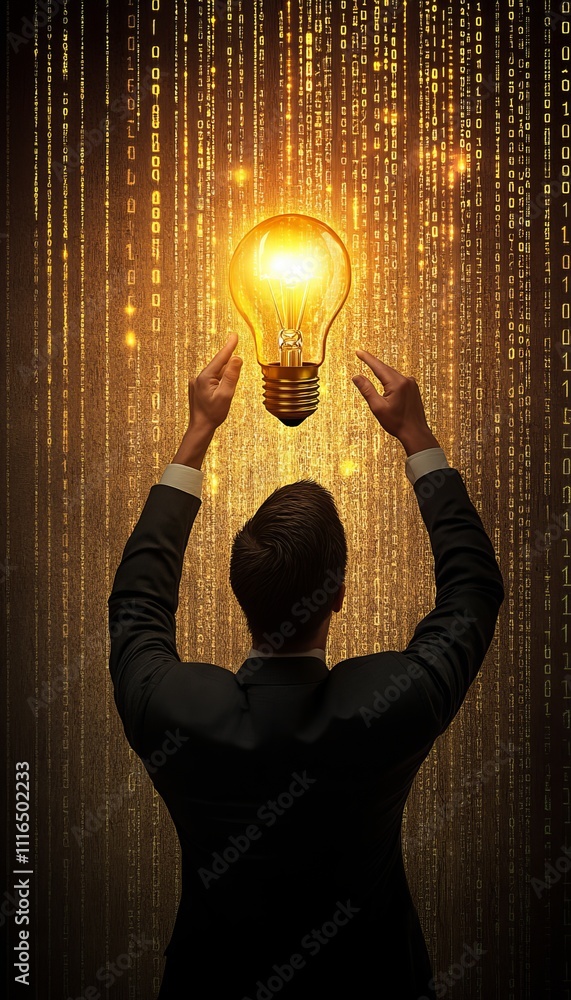 Poster businessman with glowing light bulb and binary code, representing ideas and innovation