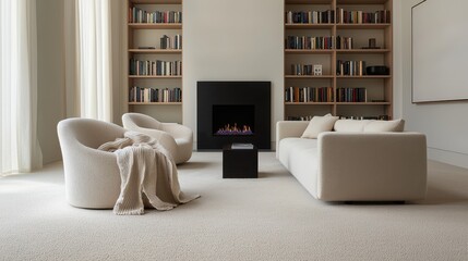 Modern Minimalist Living Room with Comfortable Armchairs, Cozy Throw Blanket, Elegant Sofa, and Warm Fireplace in a Contemporary Interior Design Setting