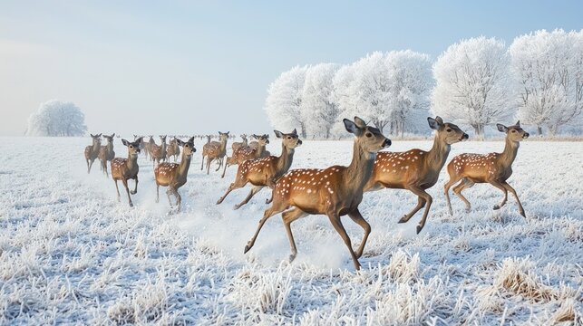 A herd deer running across a snowy field, with frosted trees in the distance