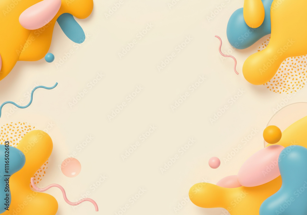 Poster 3d render of an abstract background with colorful blobs, swirls, and dots, creating a playful and mo