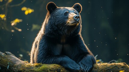 Obraz premium Black bear resting on a moss-covered log in sunlit forest, nature and wildlife concept