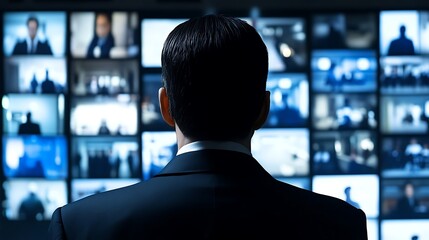 Man Observing Multiple Security Camera Screens