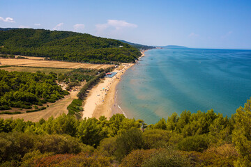 Panorama of Calenelle beach, in Puglia, Italy. It is a tourist destination in Gargano overlooking...