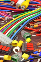 Copper electrical installation wires in colored insulation. Close-up. Soft focus.