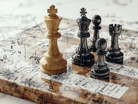 Minimalist chessboard featuring a white knight and black pawn with mathematical equations