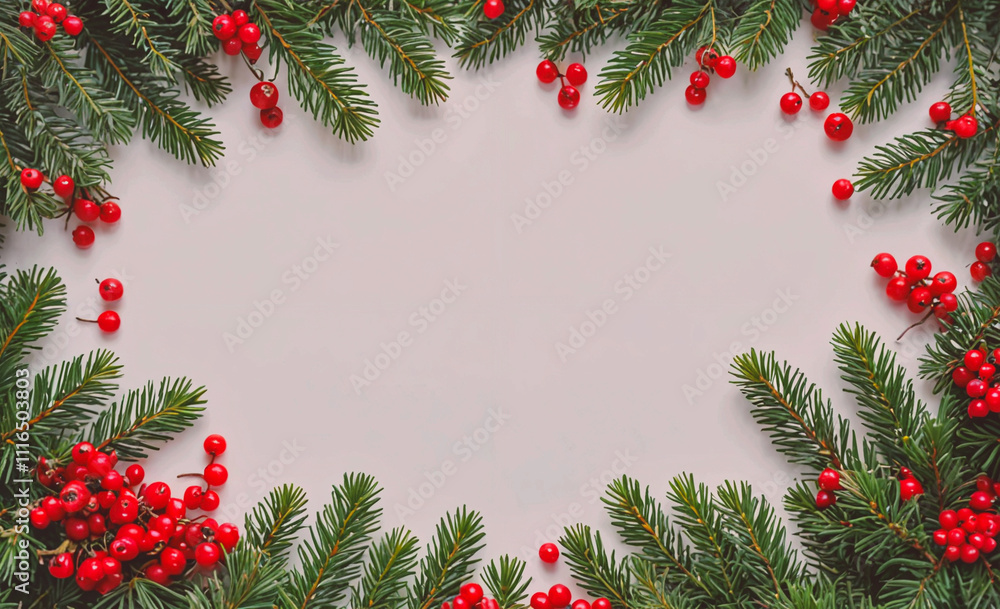 Poster christmas tree with red berries and green leaves. the tree is surrounded by a white background. the 