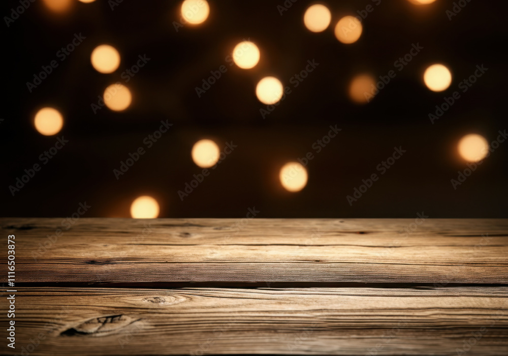 Poster rustic wooden table top with glowing bokeh lights creating a magical backdrop