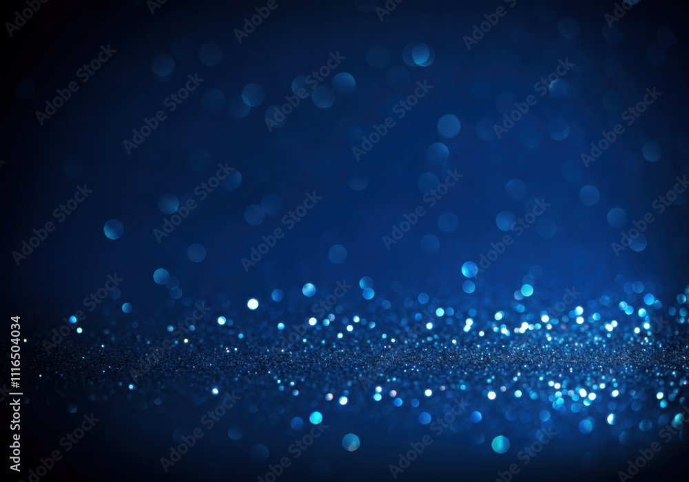 Poster glittering blue particles creating a defocused bokeh effect on a dark background, ideal for festive 