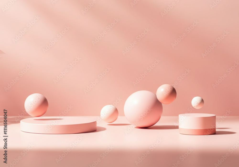 Poster 3d rendering of pink abstract minimalist scene with floating spheres and podiums for displaying prod