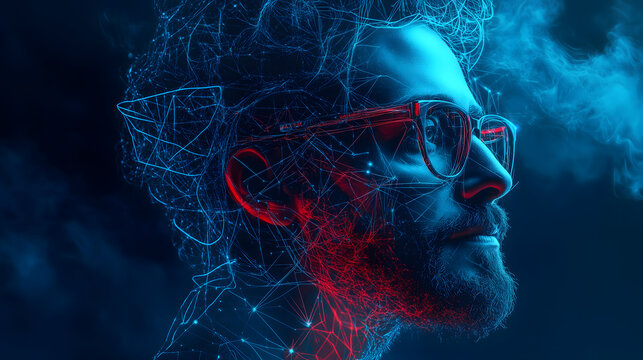 A close-up of a man wearing glasses, surrounded by abstract neon lights, representing virtual reality and digital networks. Illuminated in red and blue hues, the image evokes a tech-driven atmosphere. - Powered by Adobe
