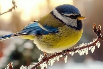 Fototapeta premium Blue tit perched on frosty branch creates serene winter morning ambiance