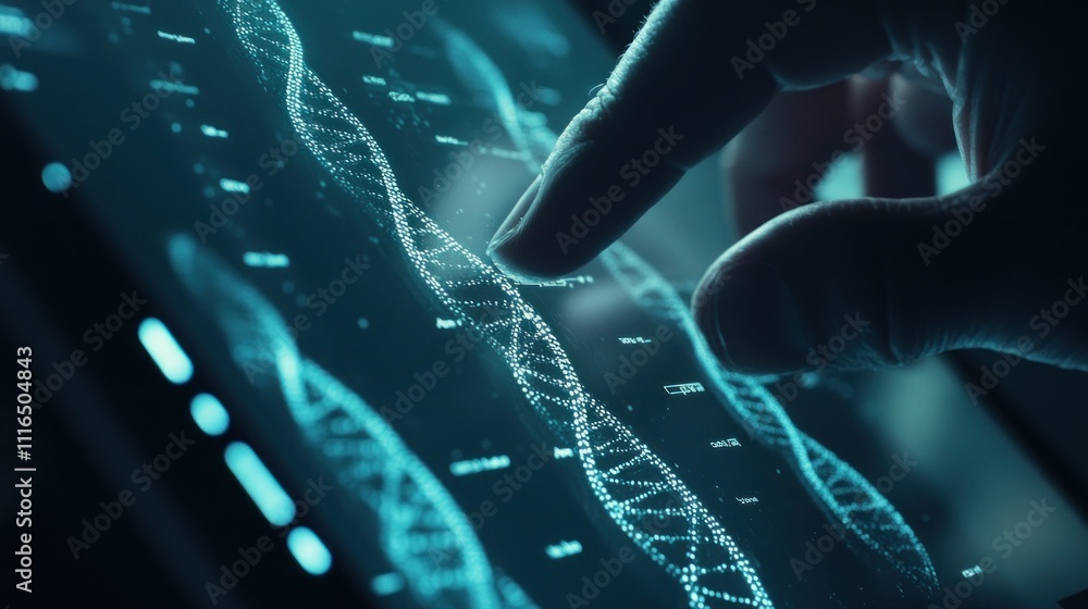 Poster a hand interacts with a digital representation of dna strands on a touchscreen display.