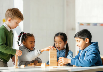 Four elementary school multi-ethnic students building a tower together with wooden blocks, developing their stem skills
