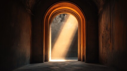 Fototapeta premium Light beam through arched doorway in dark stone hallway.