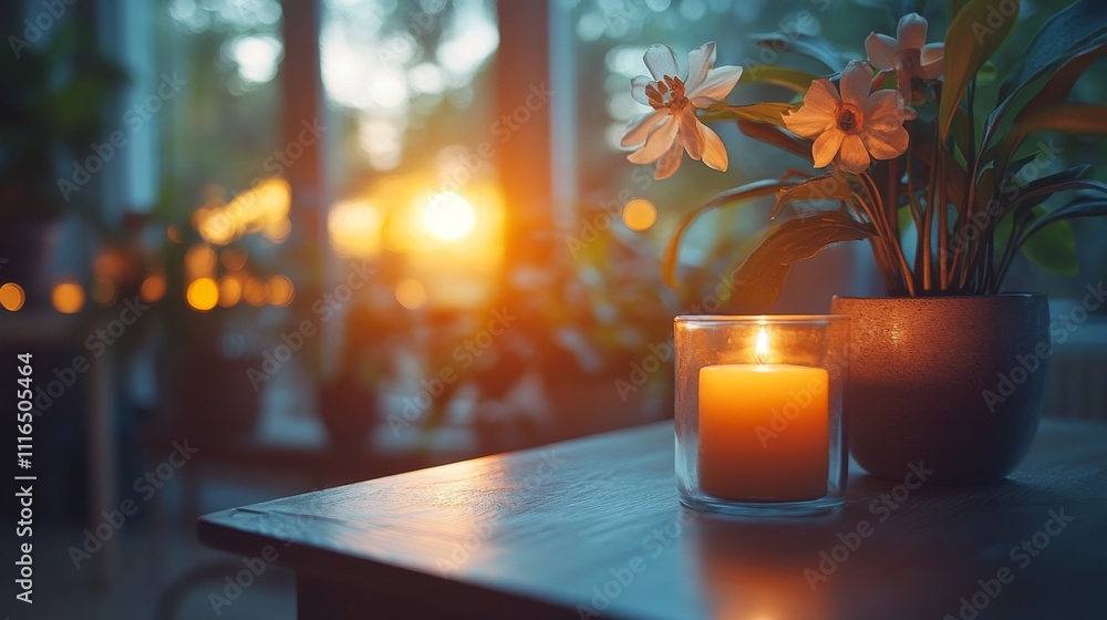 Aufkleber a lit candle and delicate flowers sit on a wooden table as soft sunlight filters through windows, cr